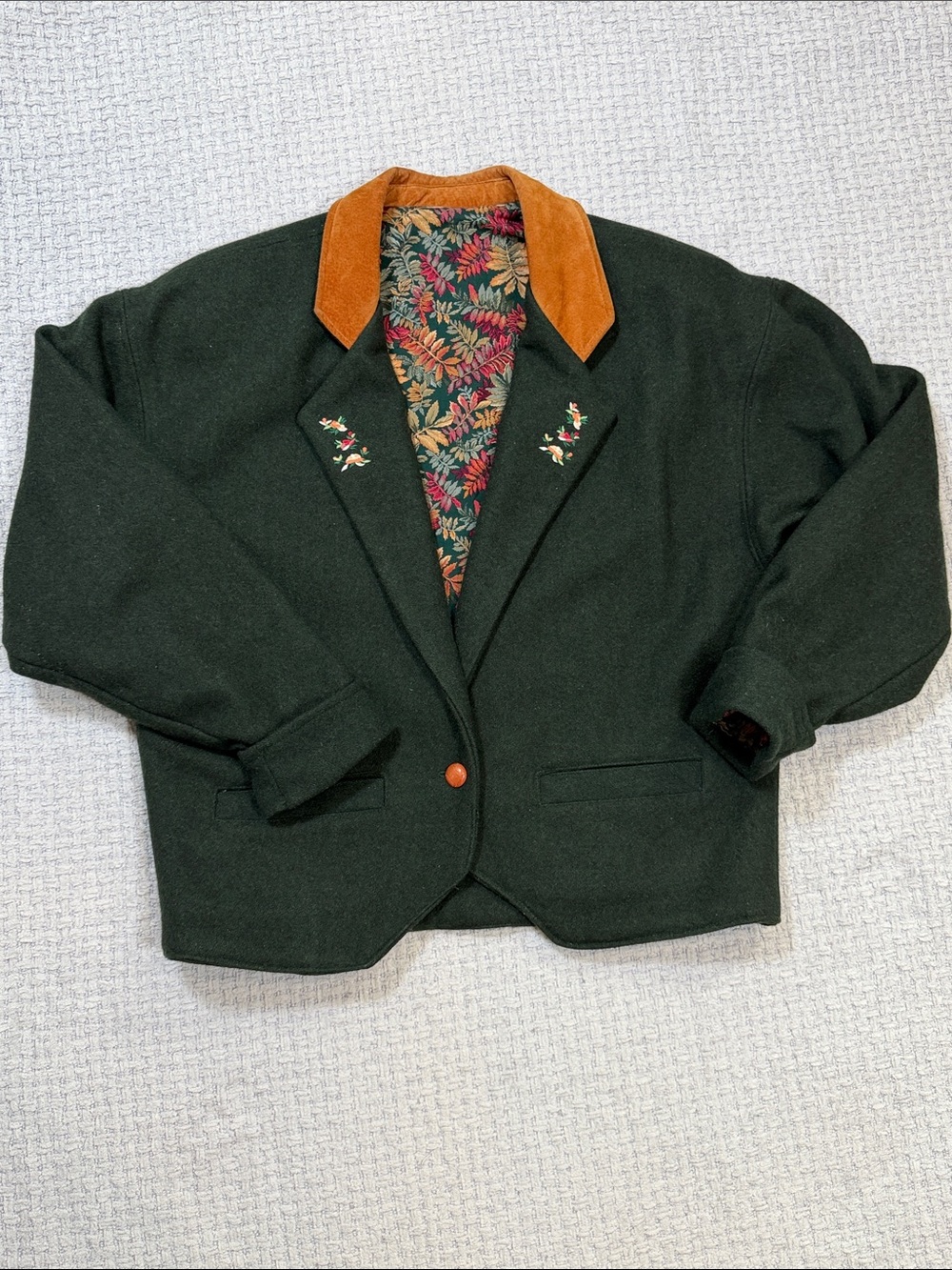 Women's Green Vintage Wool Blend Tan Suede Collar Blazer Jacket USA Size Large